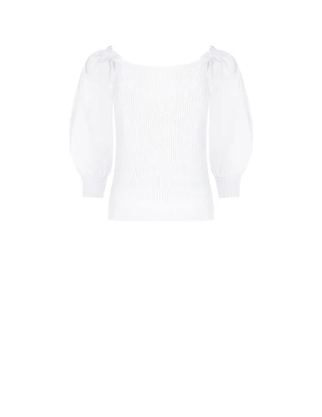 Cotton-blend braided knit top with puff sleeves in ‘Rinascimento’ poplin