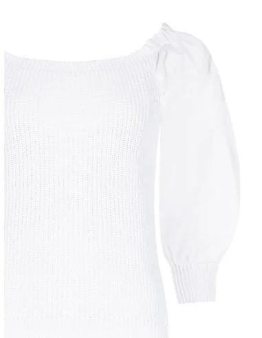 Cotton-blend braided knit top with puff sleeves in ‘Rinascimento’ poplin