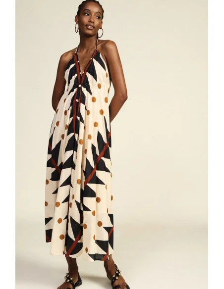 Dixie Long Dress with Geometric and Polka Dot Print