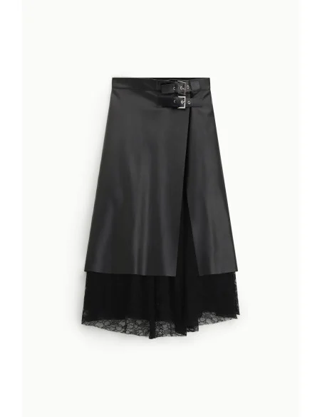 Dixie Long Skirt with Double Buckle and Lace Insert