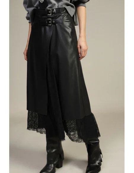 Dixie Long Skirt with Double Buckle and Lace Insert