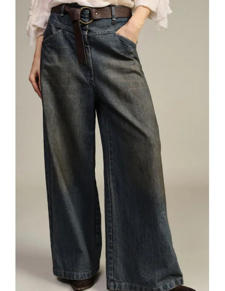 Jean à jambes larges et taille haute avec ceinture Dixie
