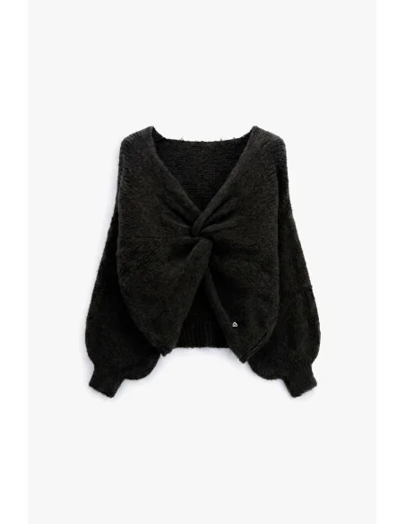 Pleated Cardigan With Front Knot And Wide Sleeves Please