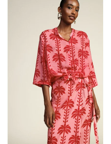 Dixie Cropped Shirt with Palm Print and Front Bow
