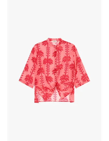 Dixie Cropped Shirt with Palm Print and Front Bow