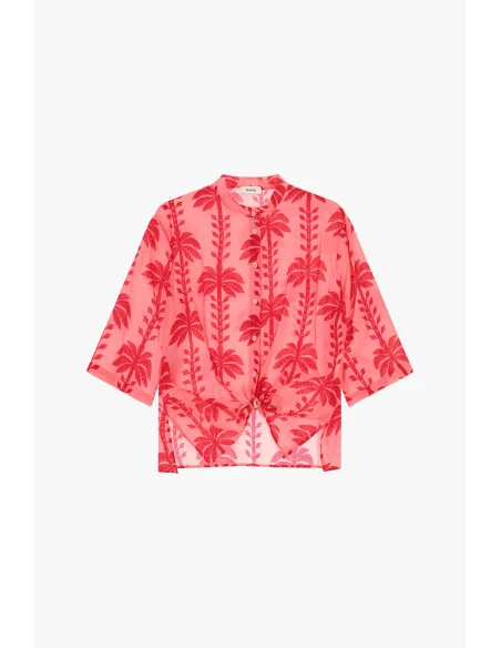 Dixie Cropped Shirt with Palm Print and Front Bow