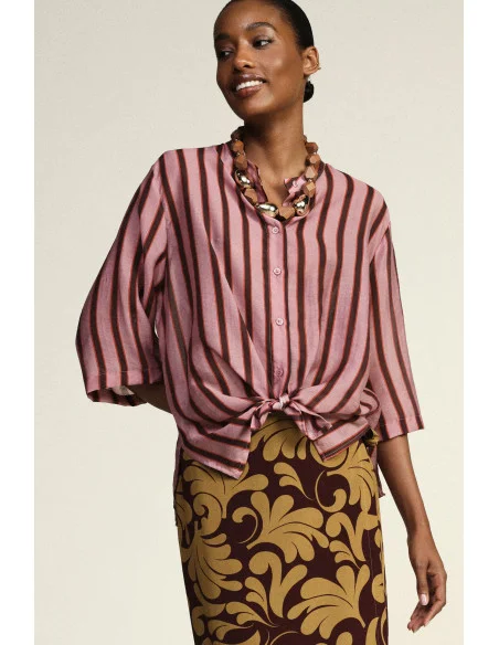 Dixie Striped Shirt with Front Knot and Three-Quarter Sleeves