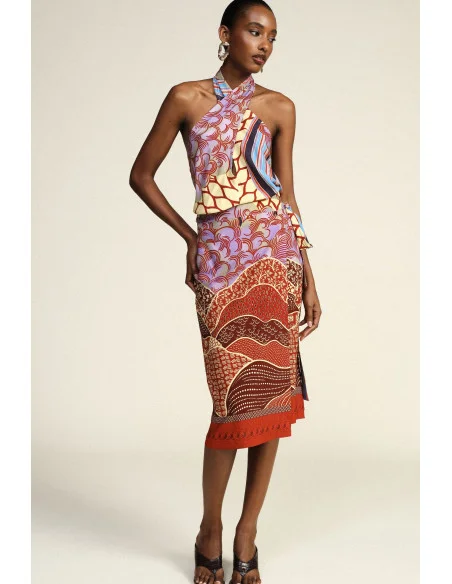 Dixie Patterned Midi Skirt with Graphic Print and Sash