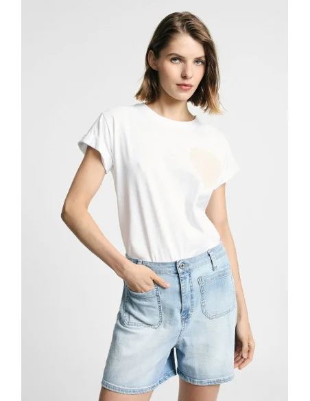 T-Shirt Maniche Corte Con Ricamo Cuore Frontale Please