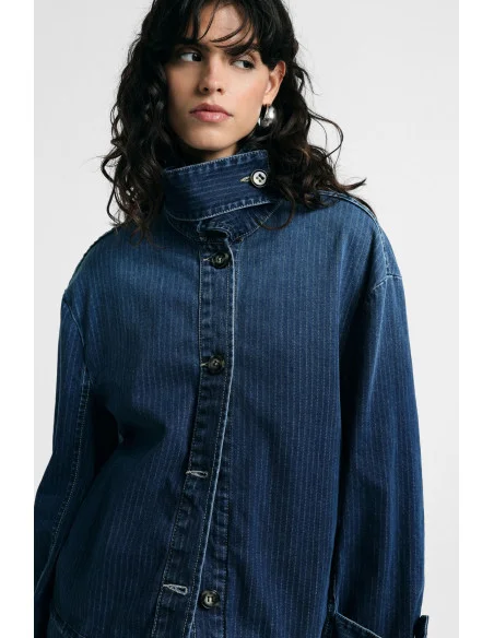Veste courte en jean à col montant et boutons « Please »