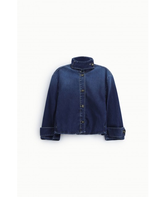 Short Denim Jacket with High Collar and Buttons – Please