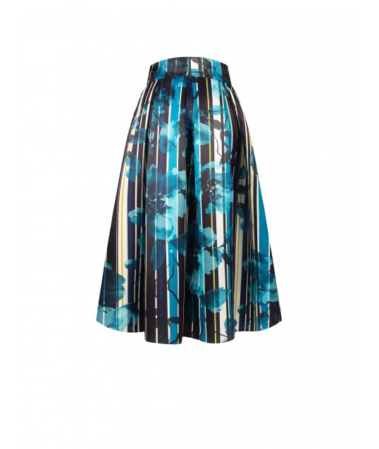 Gonna Lunga In Raso Strutturato Duchesse A Fiori E Righe Con Tasche Rinascimento