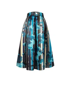 Long Duchesse Satin Structured Skirt with Floral and Striped Pattern and Rinascimento-Style Pockets 2