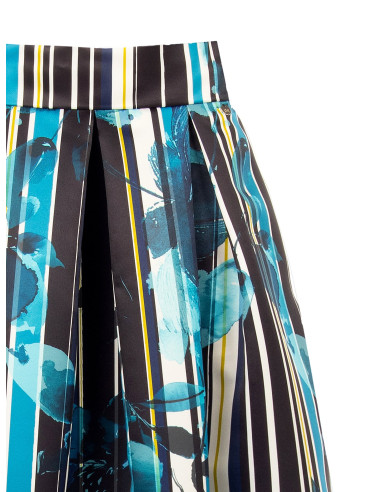 Long Duchesse Satin Structured Skirt with Floral and Striped Pattern and Rinascimento-Style Pockets