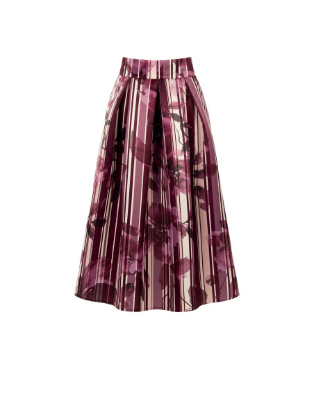 Long Duchesse Satin Structured Skirt with Floral and Striped Pattern and Rinascimento-Style Pockets