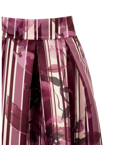 Long Duchesse Satin Structured Skirt with Floral and Striped Pattern and Rinascimento-Style Pockets