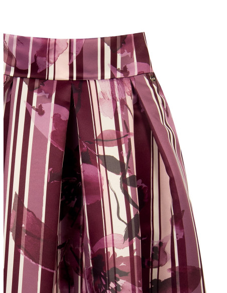 Long Duchesse Satin Structured Skirt with Floral and Striped Pattern and Rinascimento-Style Pockets