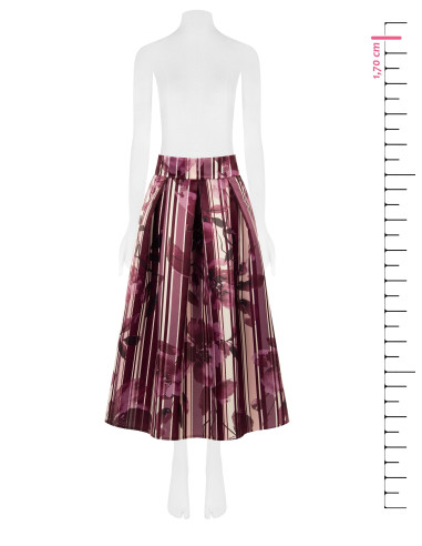 Long Duchesse Satin Structured Skirt with Floral and Striped Pattern and Rinascimento-Style Pockets
