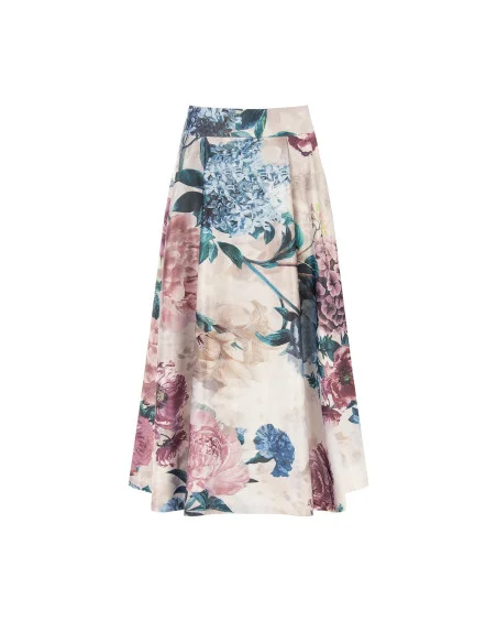 Long Floral Duchesse Satin Skirt with Rinascimento-Style Pockets