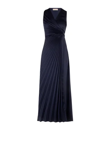 Long Pleated Satin Dress with a Crossed V-Neck and Tied Waist – Rinascimento