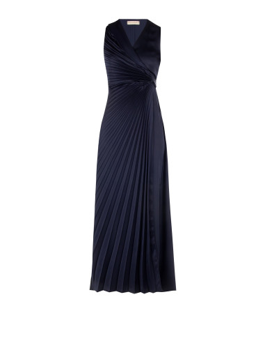 Robe longue en satin plissé, encolure en V croisée, nouée à la taille, Rinascimento