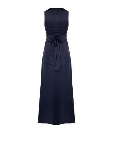 Robe longue en satin plissé, encolure en V croisée, nouée à la taille, Rinascimento