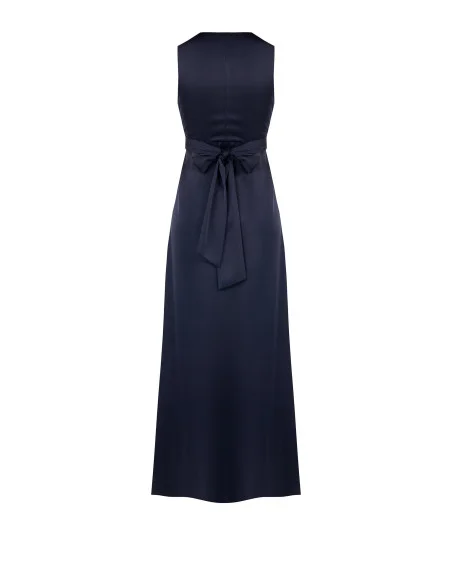 Long Pleated Satin Dress with a Crossed V-Neck and Tied Waist – Rinascimento