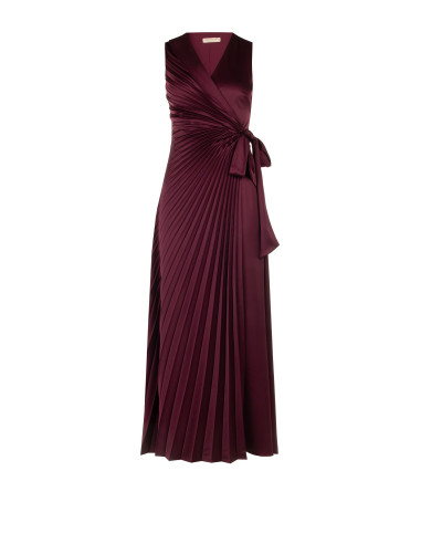 Long Pleated Satin Dress with a Crossed V-Neck and Tied Waist – Rinascimento