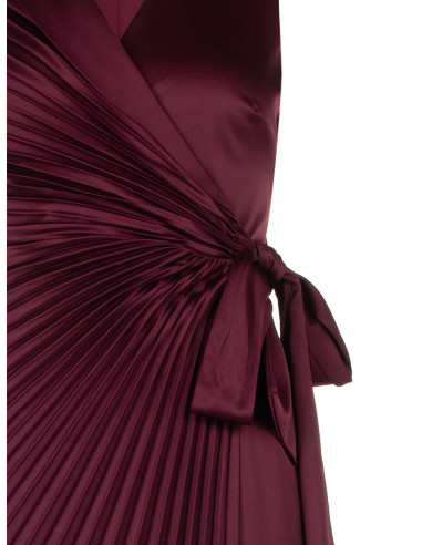 Long Pleated Satin Dress with a Crossed V-Neck and Tied Waist – Rinascimento