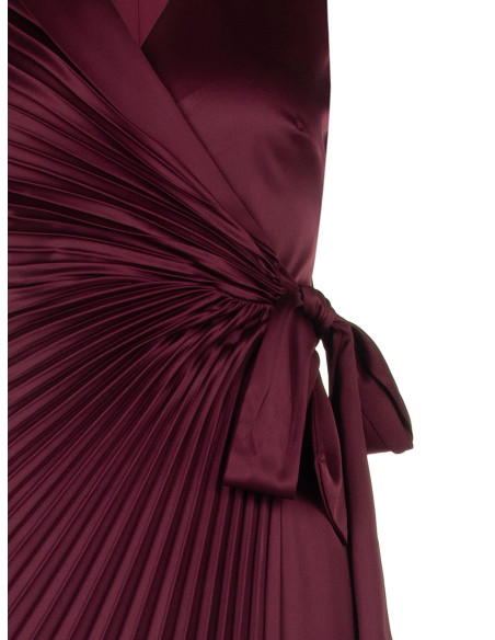Long Pleated Satin Dress with a Crossed V-Neck and Tied Waist – Rinascimento