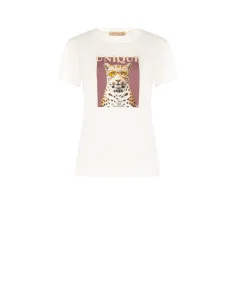 T-shirt coupe classique en coton mélangé, imprimé léopard avec strass « Rinascimento »