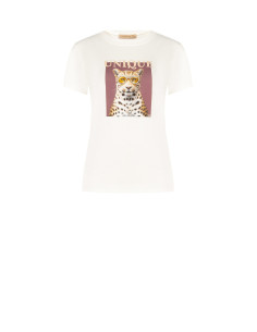T-Shirt Regular In Misto Cotone Stampa Leopardo Con Strass Rinascimento