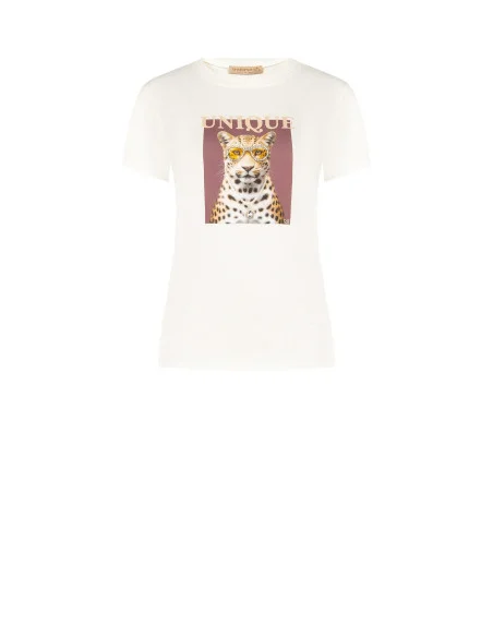 T-shirt coupe classique en coton mélangé, imprimé léopard avec strass « Rinascimento »