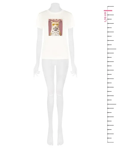 T-shirt coupe classique en coton mélangé, imprimé léopard avec strass « Rinascimento »
