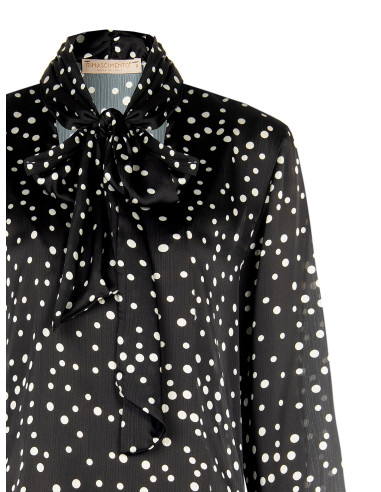 Loose-fitting, flowing polka-dot satin blouse with a V-neck and a ‘Rinascimento’ bow
