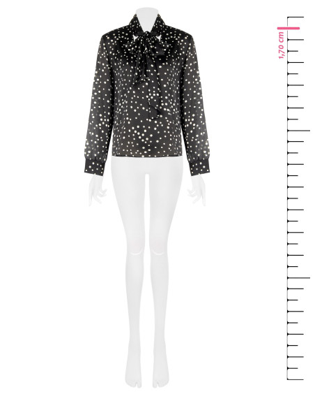 Loose-fitting, flowing polka-dot satin blouse with a V-neck and a ‘Rinascimento’ bow