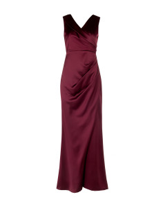 Long, structured satin dress with a crossover design and a double Rinascimento-style V-neck