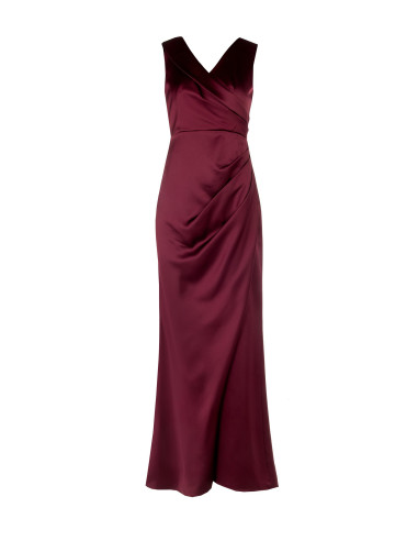 Long, structured satin dress with a crossover design and a double Rinascimento-style V-neck