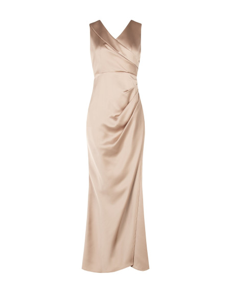 Robe longue en satin structuré, à coupe croisée, avec double encolure en V de style Rinascimento