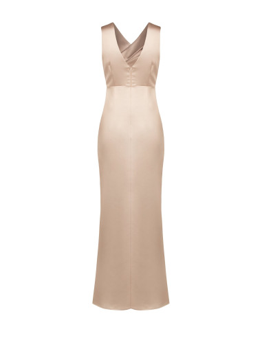 Long, structured satin dress with a crossover design and a double Rinascimento-style V-neck
