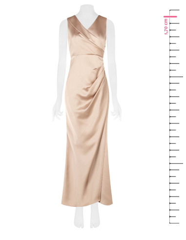 Long, structured satin dress with a crossover design and a double Rinascimento-style V-neck