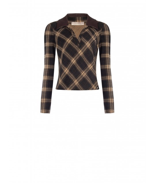 Polo Sfiancata In Tessuto Jacquard A Quadri Con Colletto In Similpelle Rinascimento