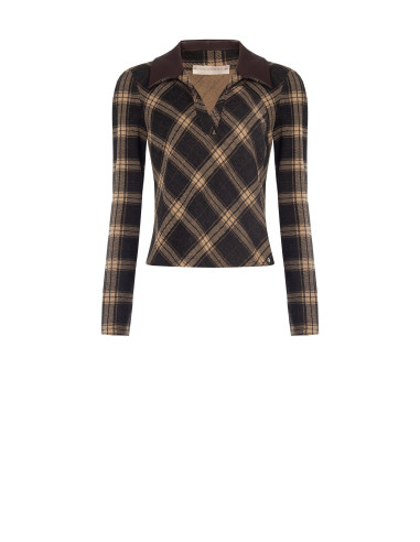 Fitted-waist polo shirt in checked jacquard fabric with a faux leather collar by Rinascimento