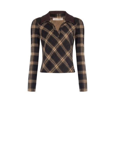 Fitted-waist polo shirt in checked jacquard fabric with a faux leather collar by Rinascimento