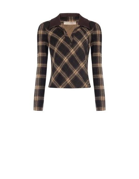 Polo Sfiancata In Tessuto Jacquard A Quadri Con Colletto In Similpelle Rinascimento
