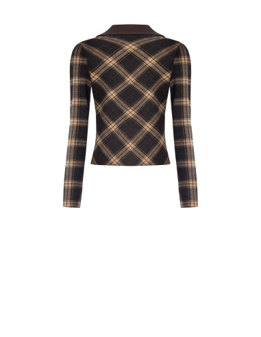 Fitted-waist polo shirt in checked jacquard fabric with a faux leather collar by Rinascimento