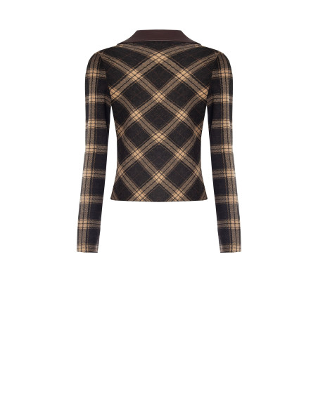 Fitted-waist polo shirt in checked jacquard fabric with a faux leather collar by Rinascimento