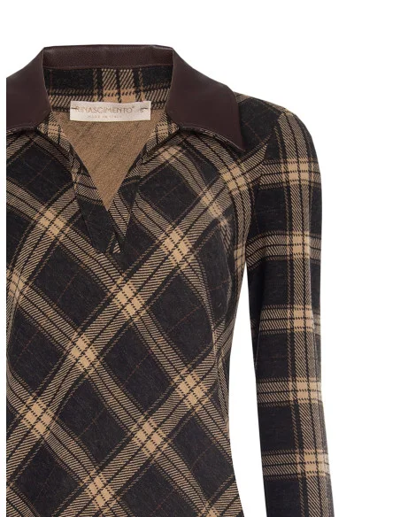 Polo Sfiancata In Tessuto Jacquard A Quadri Con Colletto In Similpelle Rinascimento
