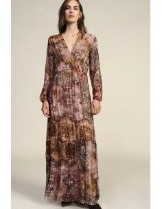 Long Patchwork Print Dress with V-Neck Dixie