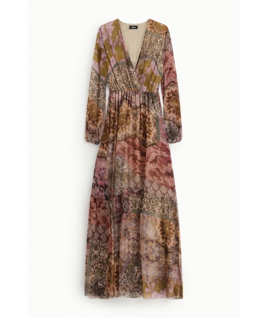 Long Patchwork-Print Dress with a V-Dixie Neckline